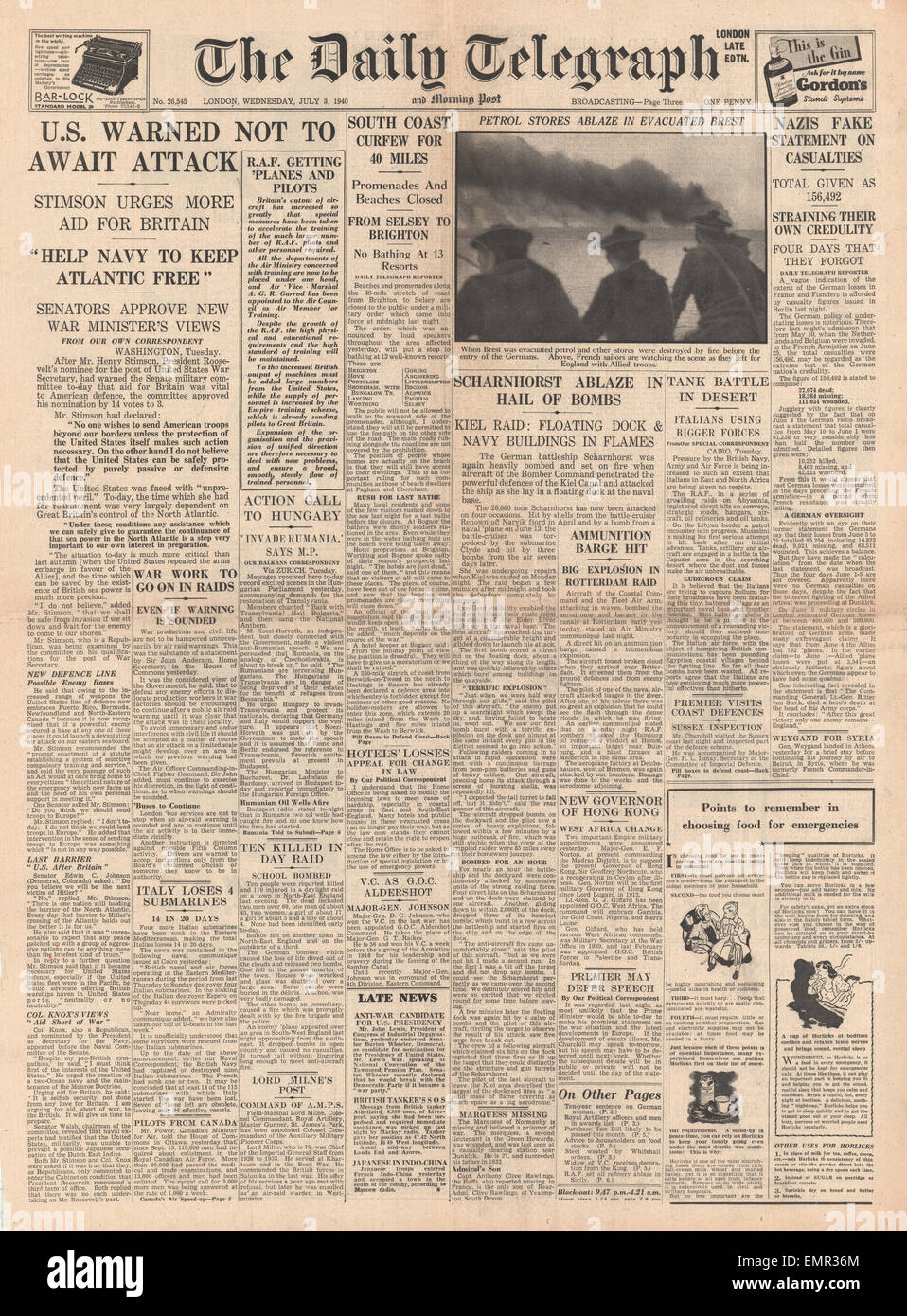 1940 front page Daily Telegraph Royal Navy RAF Raid Italy Stock Photo