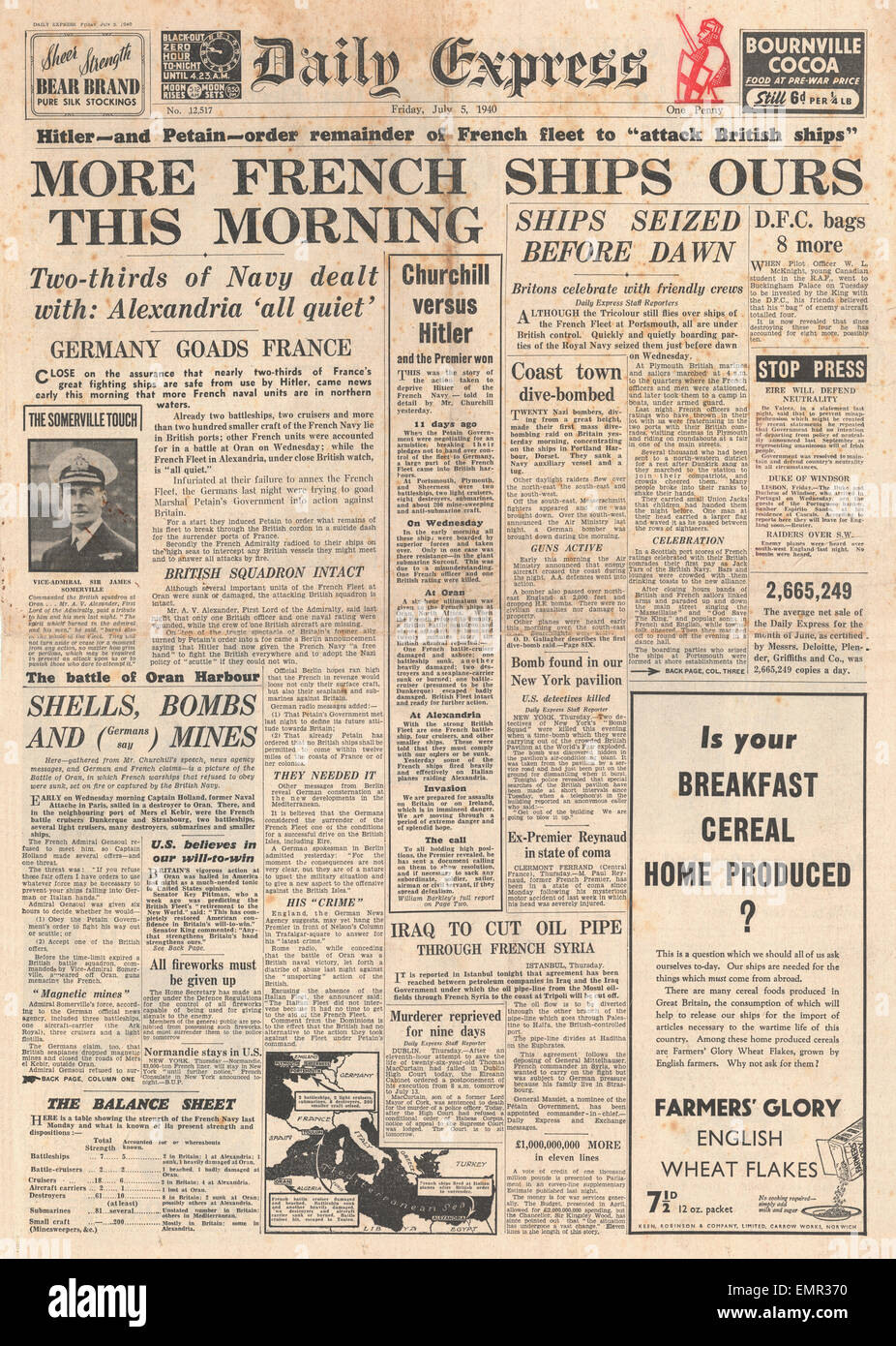1940 front page Daily Express  French Navy attacked by Royal Navy at Oran (Mers-el-Kebir) Stock Photo