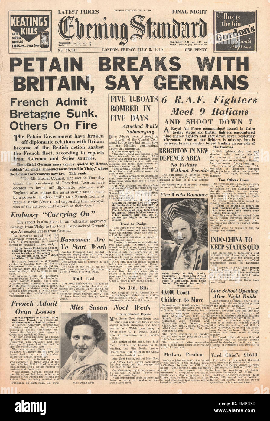 1940 front page Evening Standard  French Navy attacked by Royal Navy at Oran (Mers-el-Kebir) Stock Photo