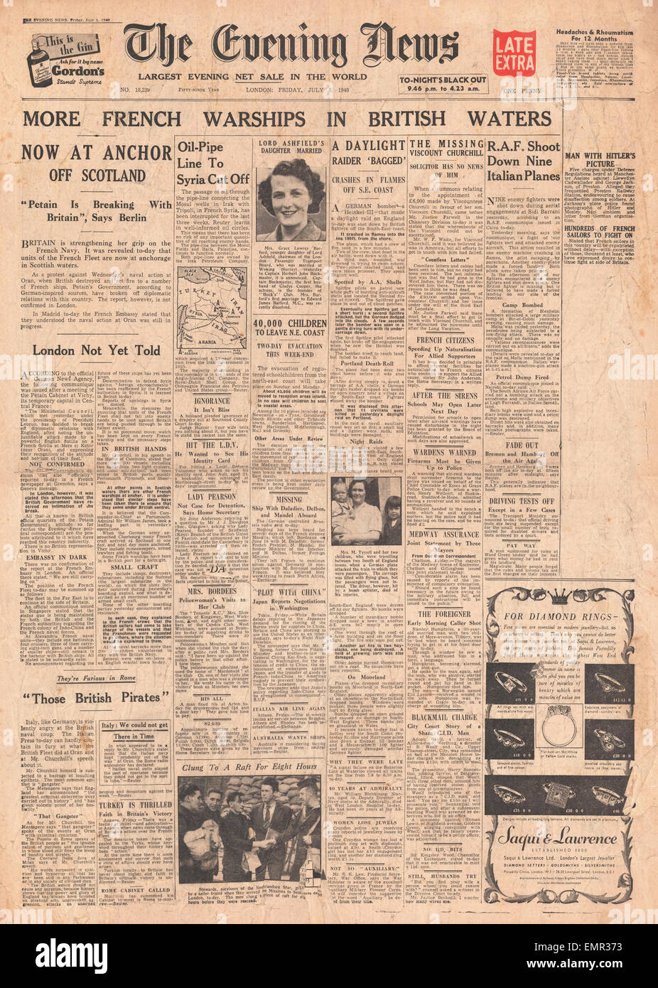 1940 front page Evening News  French Navy attacked by Royal Navy at Oran (Mers-el-Kebir) Stock Photo