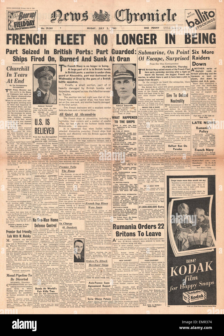 1940 front page News Chronicle  French Navy attacked by Royal Navy at Oran (Mers-el-Kebir) Stock Photo
