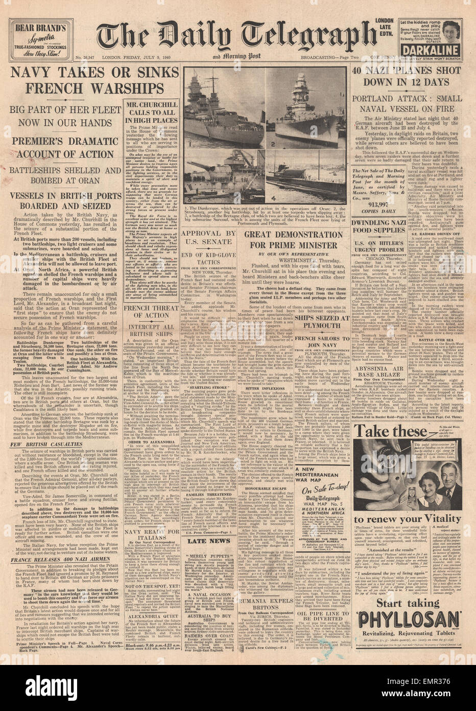 1940 front page Daily Telegraph  French Navy attacked by Royal Navy at Oran (Mers-el-Kebir) Stock Photo