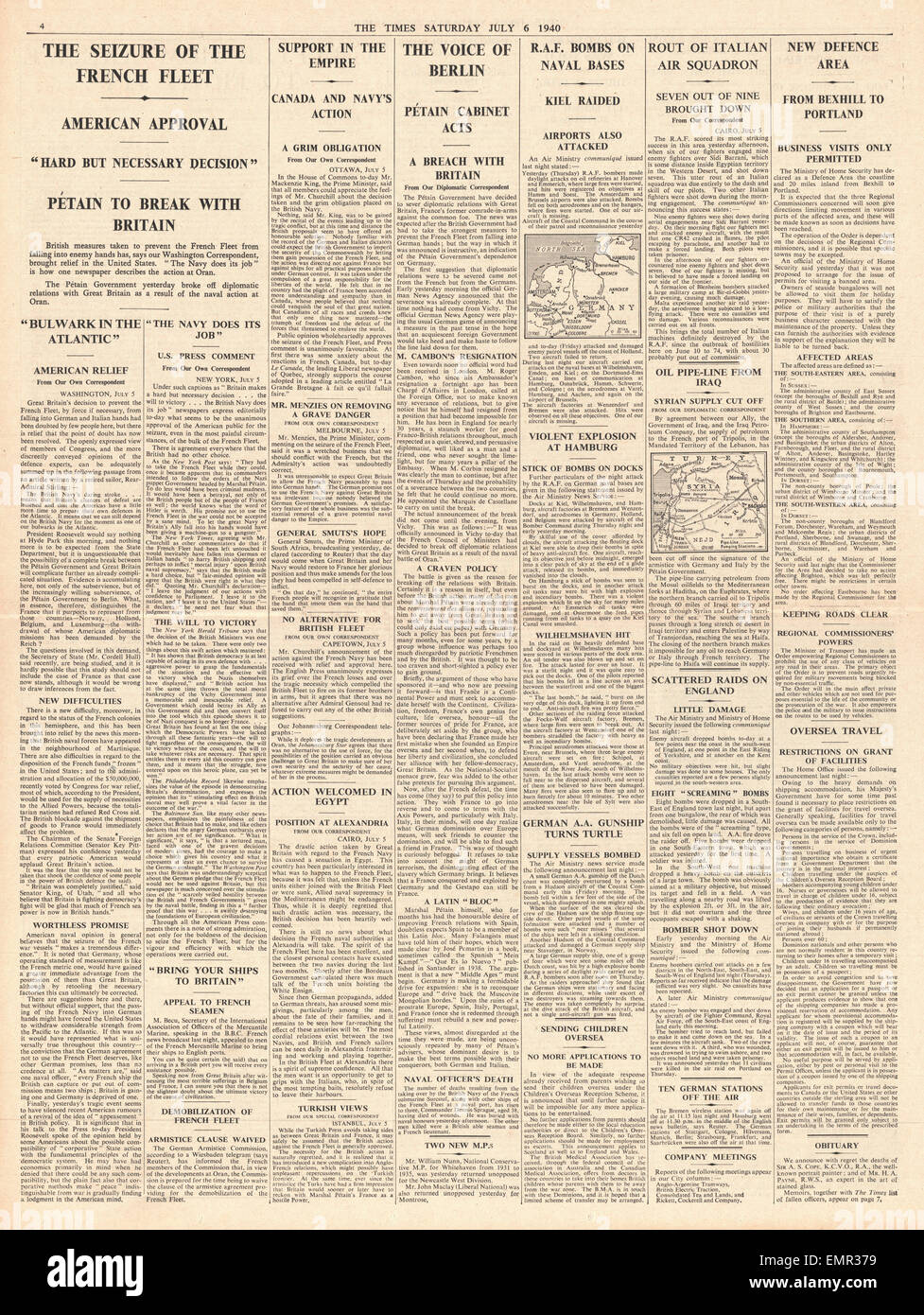 1940 page 6 The Times Marshal Petain Breaks with Britain  French Navy attacked by Royal Navy at Oran (Mers-el-Kebir) Stock Photo