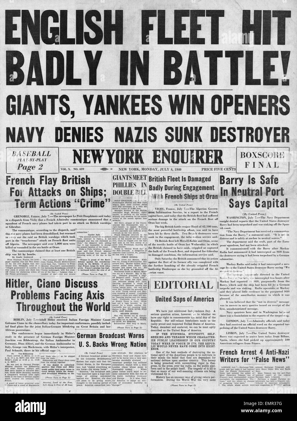 1940 front page New York Enquirer Royal Navy Damaged in Battle with French Navy at Oran (Mers-el-Kebir) Stock Photo