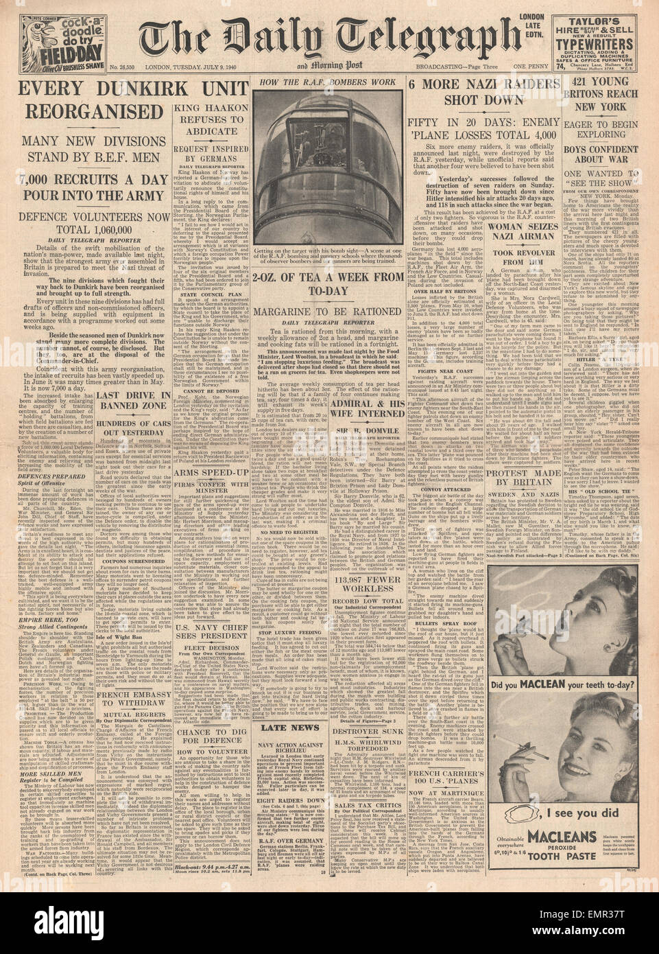 1940 daily telegraph front page hi-res stock photography and images - Alamy