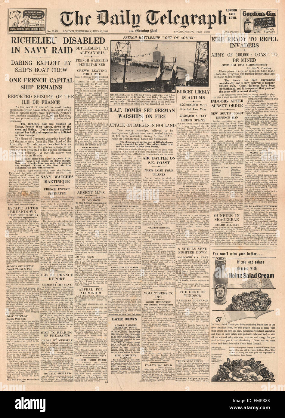 1940 front page Daily Telegraph French Navy put out of action Stock Photo
