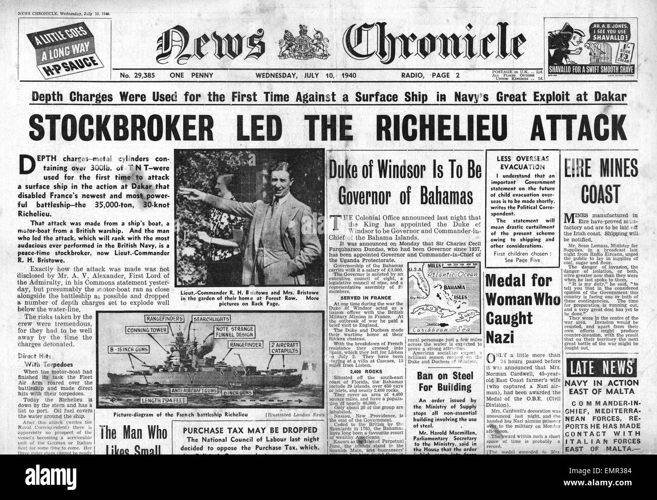1940 front page News Chronicle Royal Navy Attack on French Battleship  Richelieu Stock Photo - Alamy