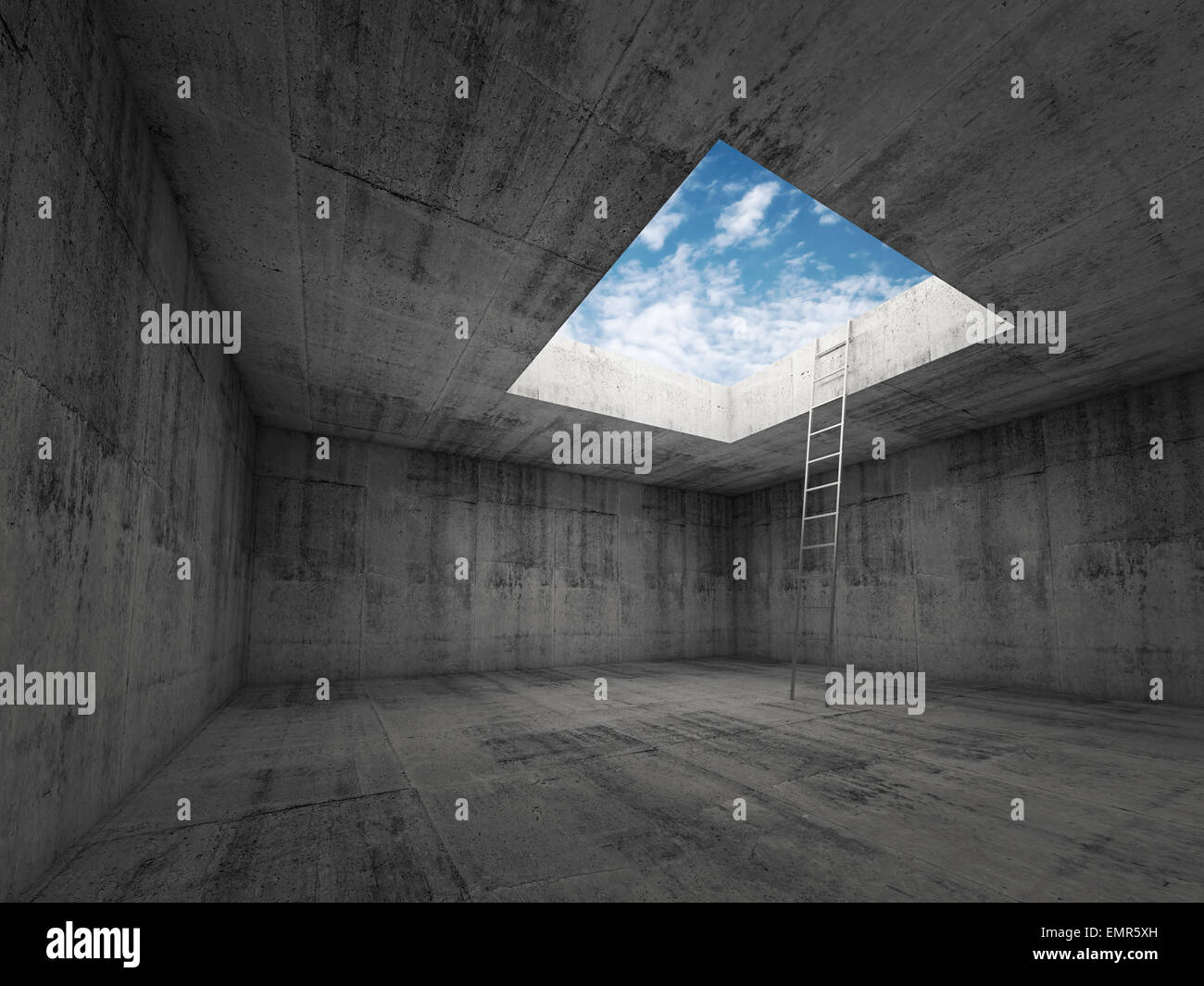 Metal ladder goes to the sky out from dark concrete interior, 3d illustration Stock Photo