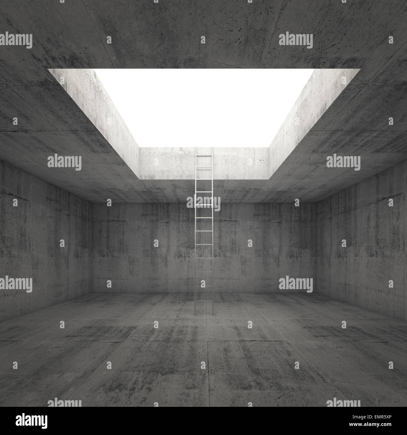 Metal ladder goes to the light out from the dark concrete room interior, 3d illustration Stock Photo