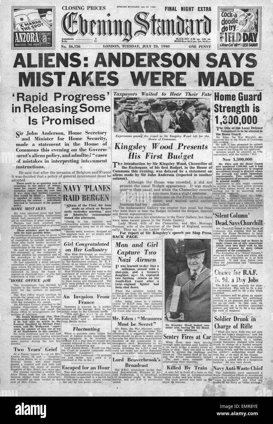 1940 front page Evening Standard (London) Home Secretary John Anderson Aliens Policy Stock Photo