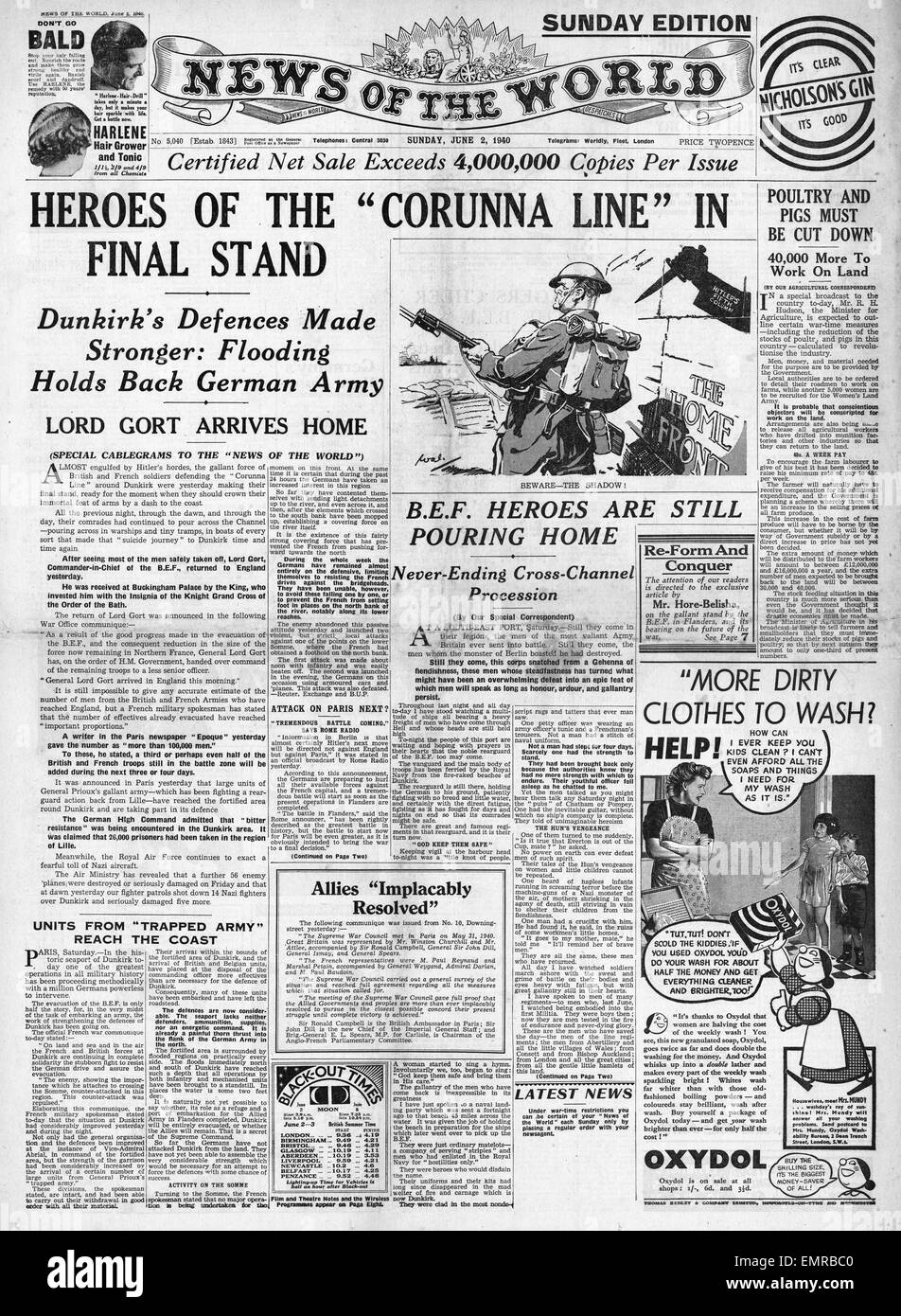 1940 front page News of the World Last stand by British Expeditionary Force at Dunkirk Stock Photo