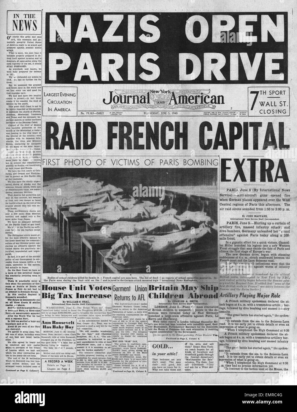 1940 front page New York Journal American German forces head south to Paris Stock Photo