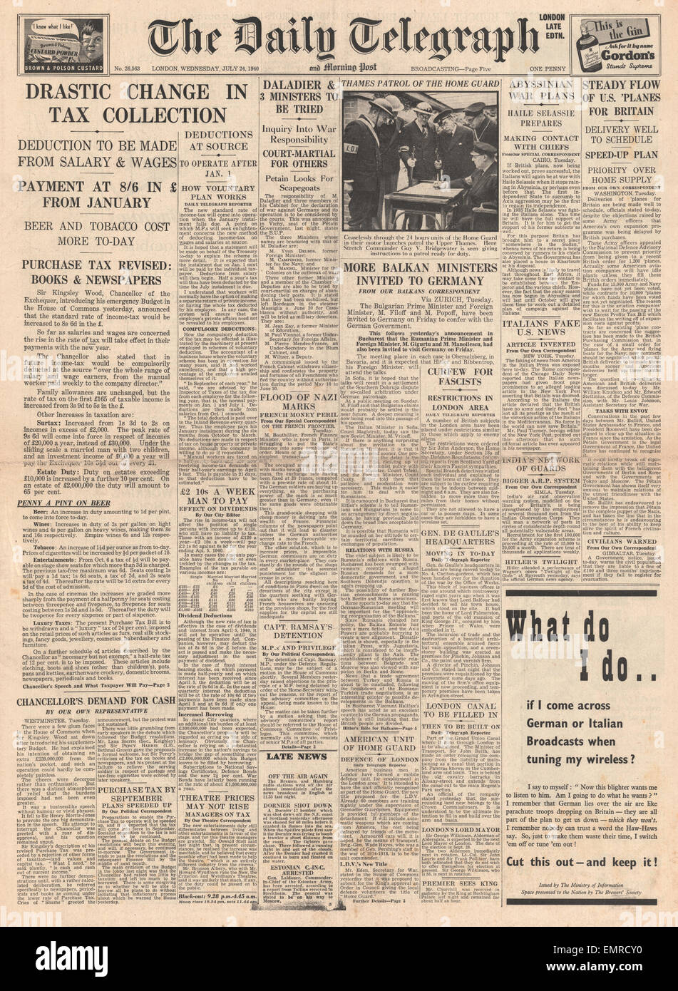1940 front page Daily Telegraph Chancellor of the Exchequer Sir Kingsley Wood announces the Budget Stock Photo