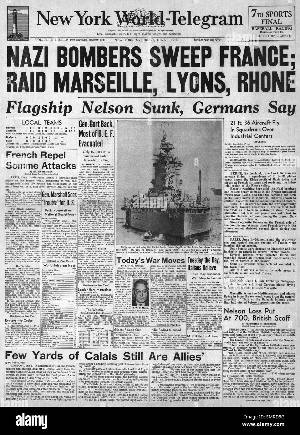 1940 front page  New York World Telegram German bombing raids across France Stock Photo