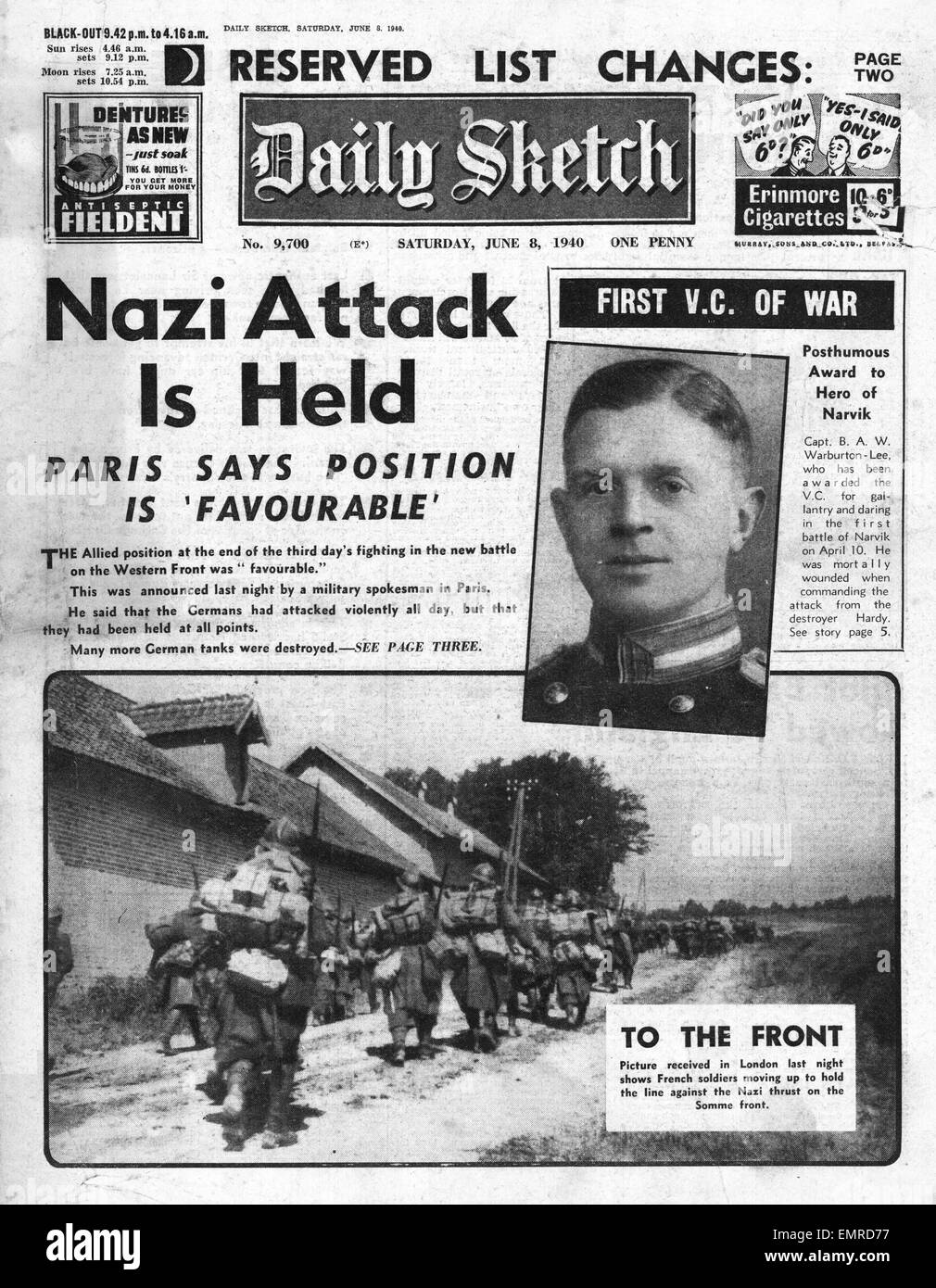 1940 front page Daily Sketch German advance held on River Aisne Stock Photo