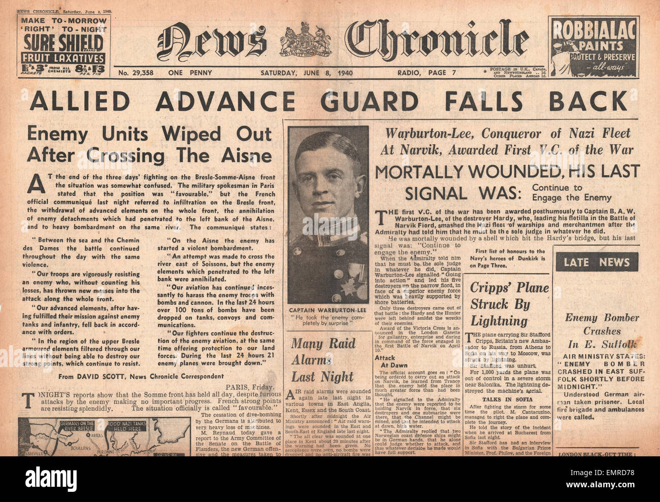 1940 front page News Chronicle German advance held on River Aisne Stock Photo