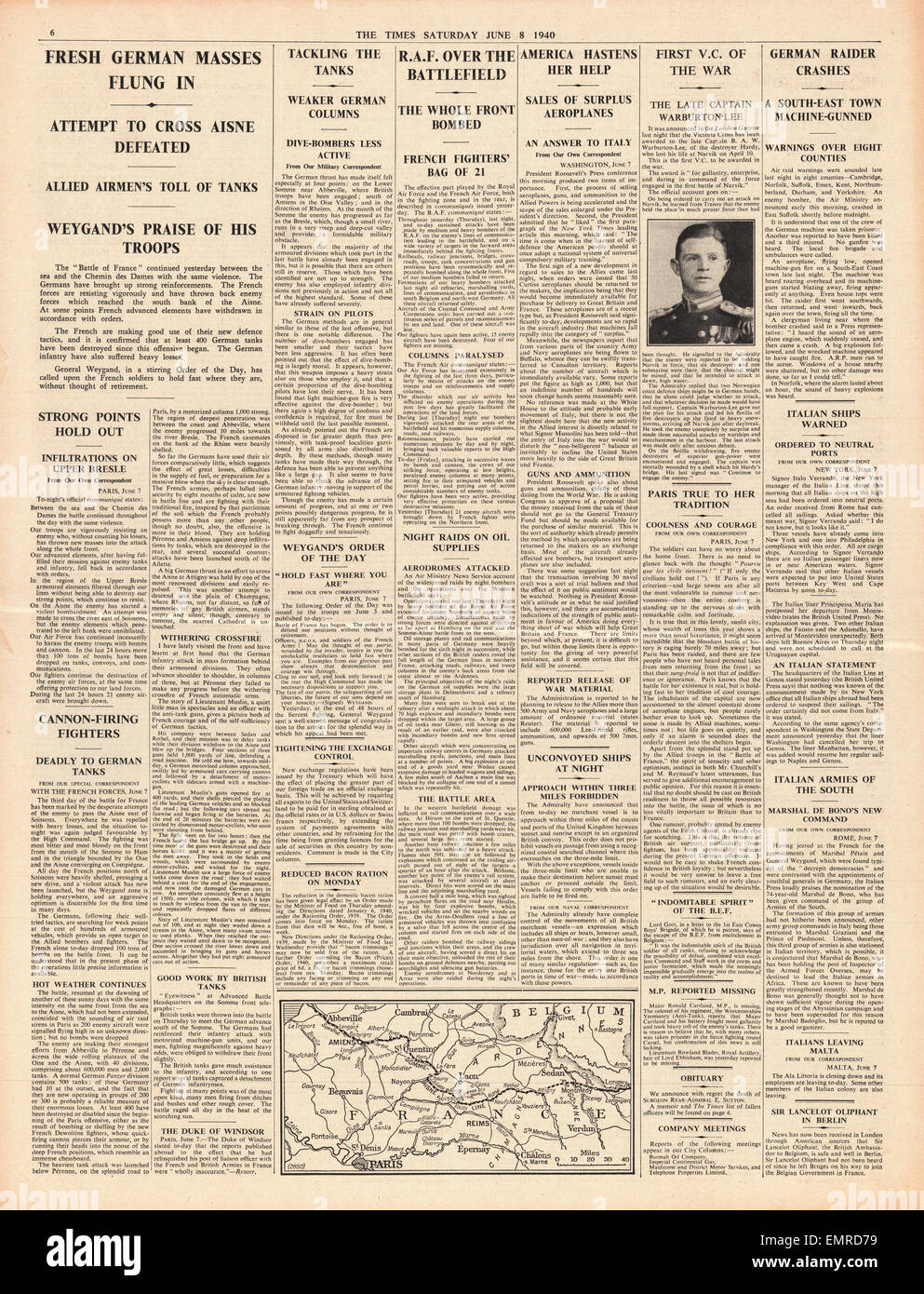 1940 The Times page 6 German advance held on River Aisne Stock Photo