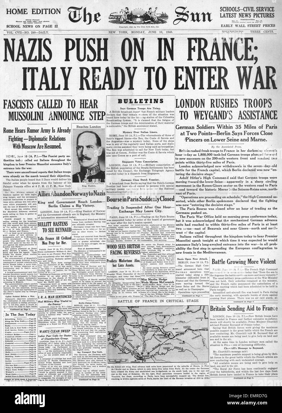 1940 front page The Sun (New York) German army advances in France Italy is ready to enter the war Stock Photo