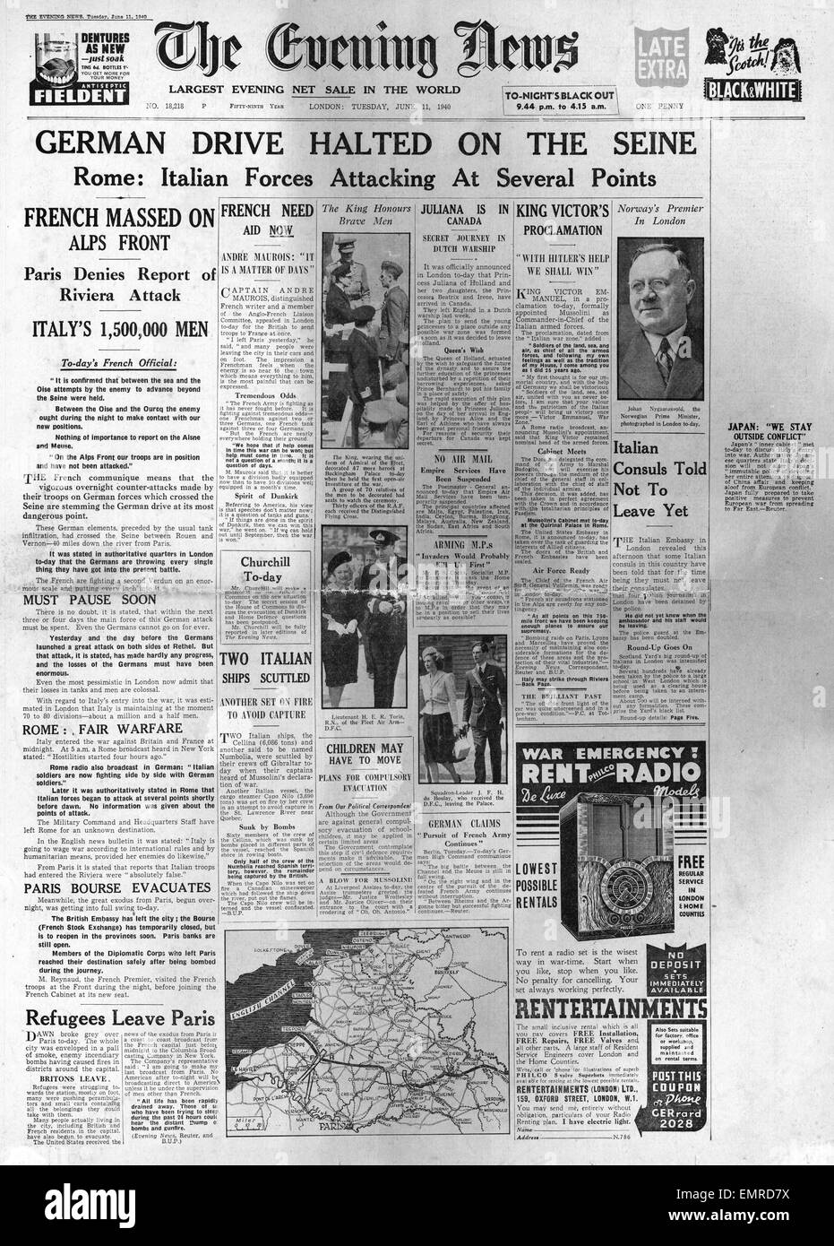 1940 front page Evening News (London) German advance halted on the River Seine Stock Photo