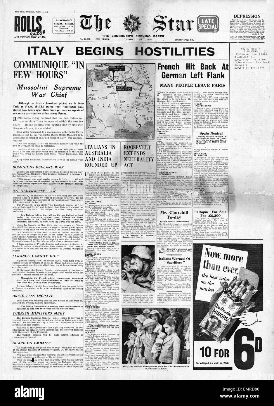 1940 front page  The Star (London) Italy declares war on the Allies Stock Photo