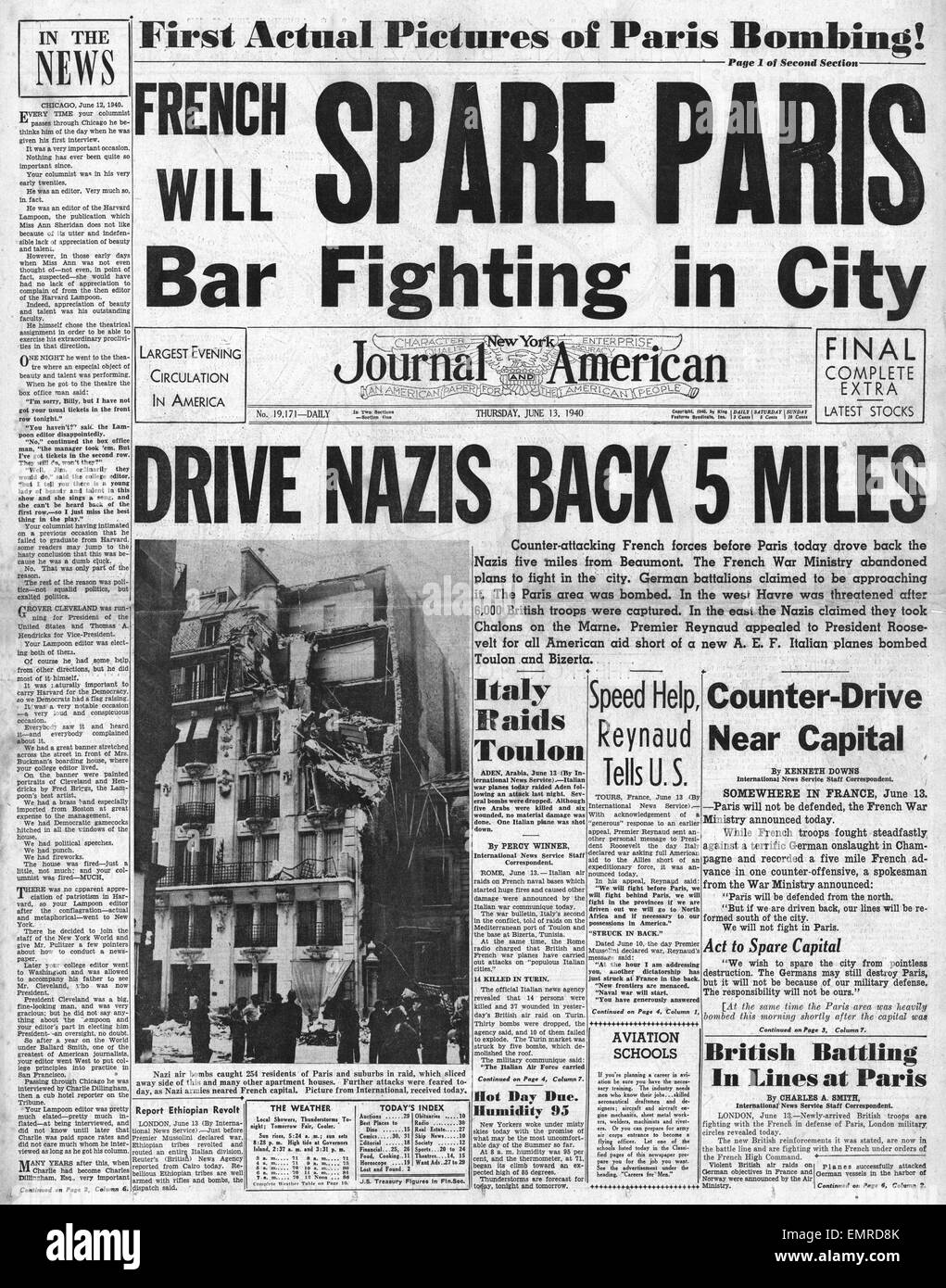 1940 front page New York Journal American German forces advance on Paris Stock Photo