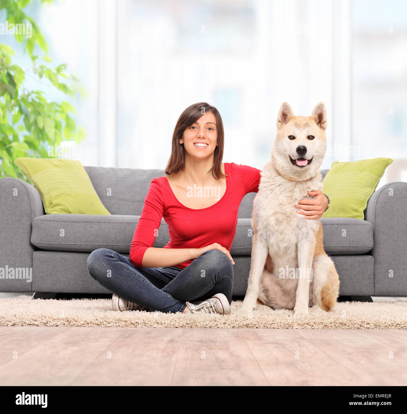 Young woman sitting on the floor with her Akita pet dog and looking at the camera in front of a gray sofa at home Stock Photo