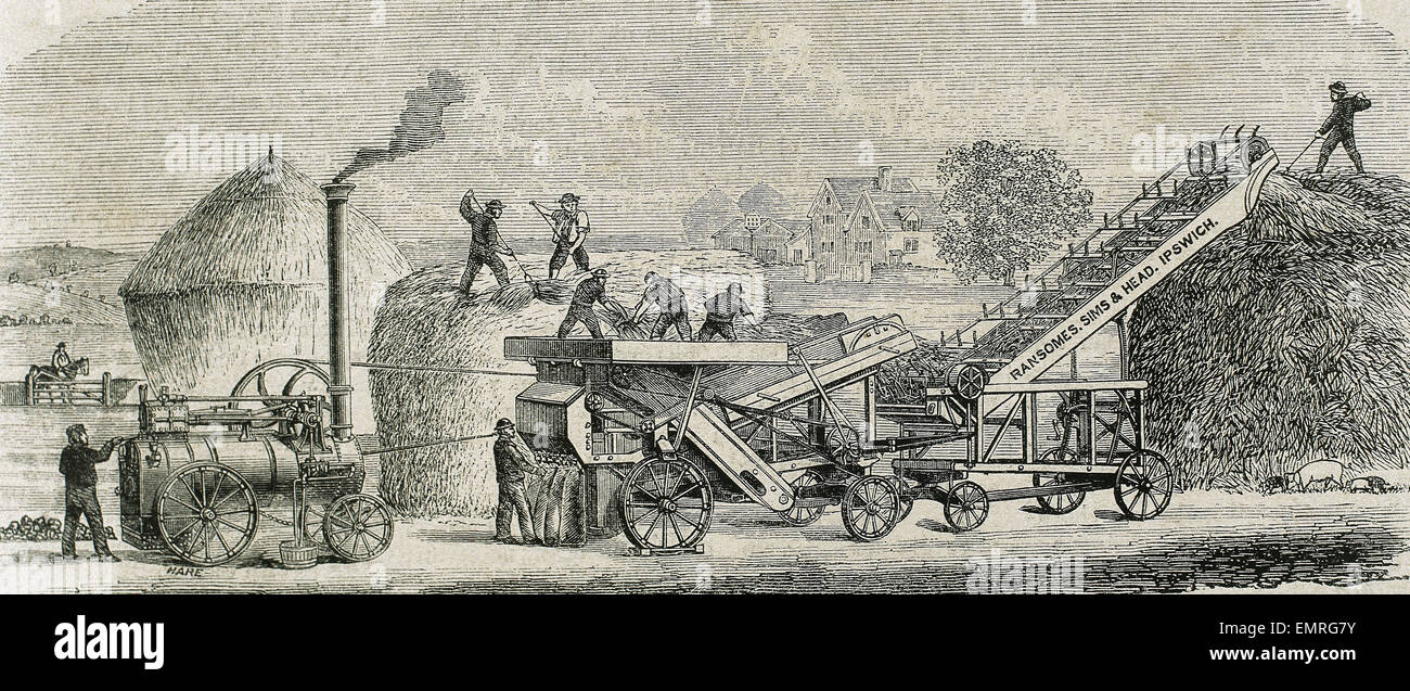 Threshing machine with steam. Industrial Revolution. Engraving. 19th c Stock Photo Alamy