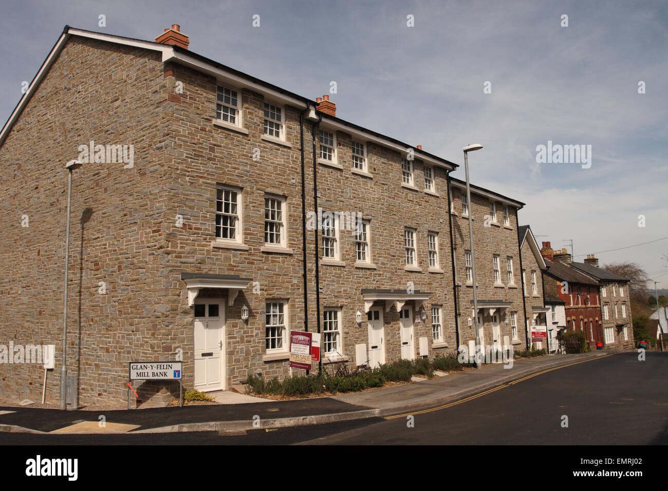 New built three storey Town Houses homes in the small Welsh rural  town of Hay on Wye Powys Stock Photo