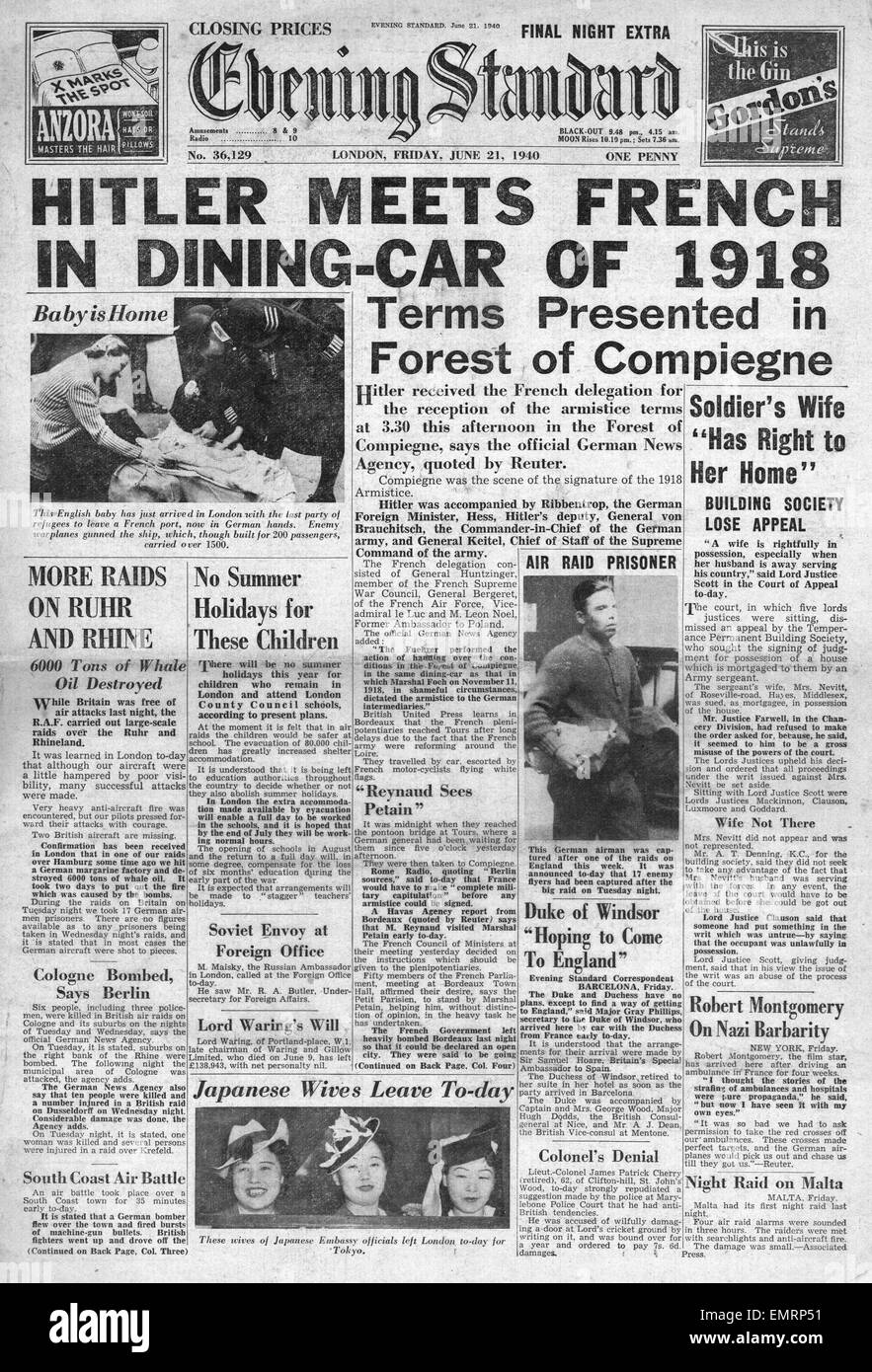 1940 front page  Evening Standard Hitler discusses peace terms in railway carriage in forest of Compiegne Stock Photo