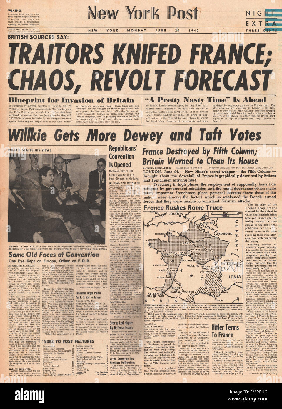 1940 front page New York Post Accusations that Britain let down France Stock Photo