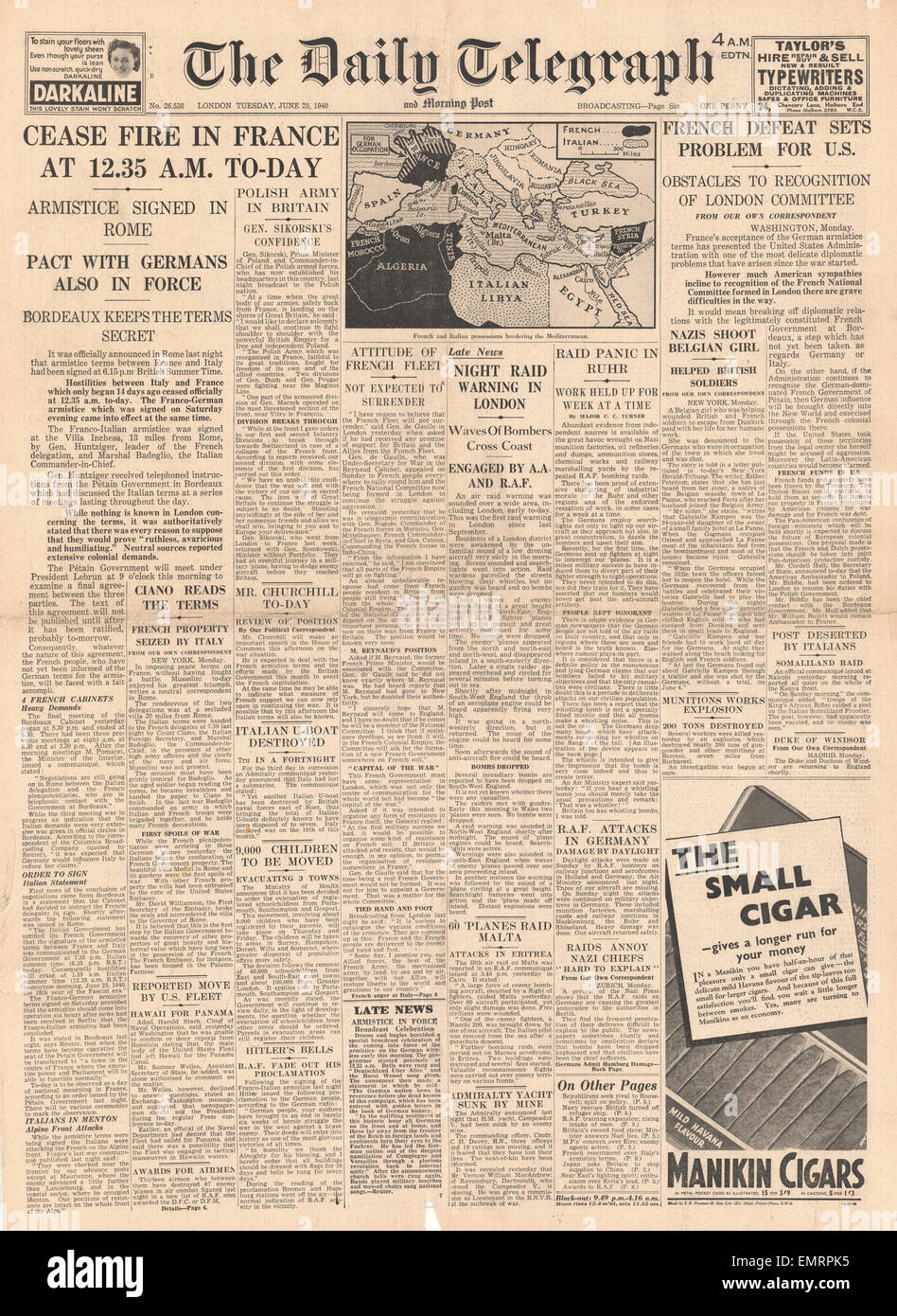 1940 front page Daily Telegraph French Government sign Armistice with ...