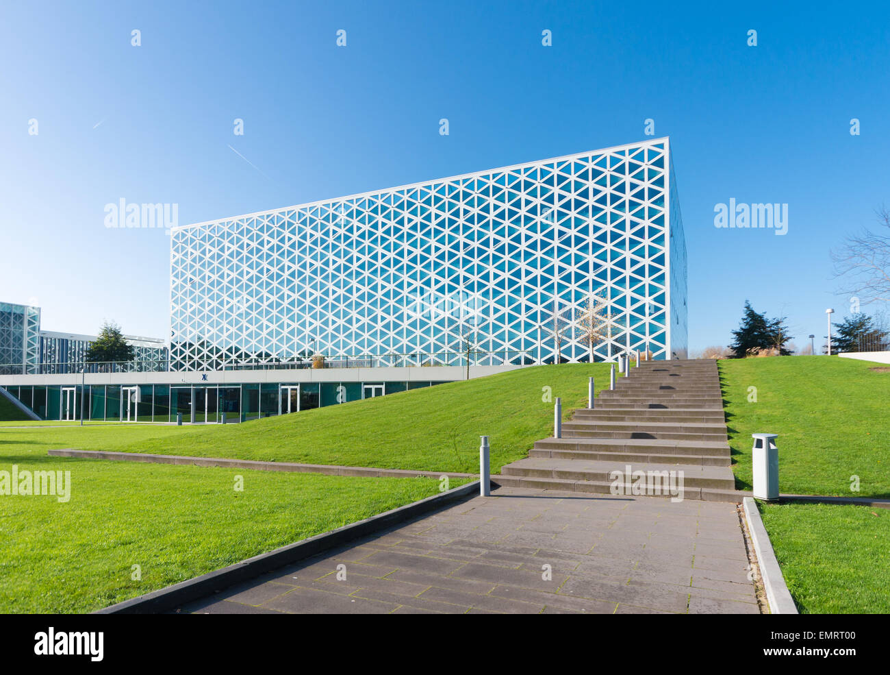 exterior of a modern school building in zwolle, netherlands. In 2011, the X-building was chosen as Building of the Year in the e Stock Photo