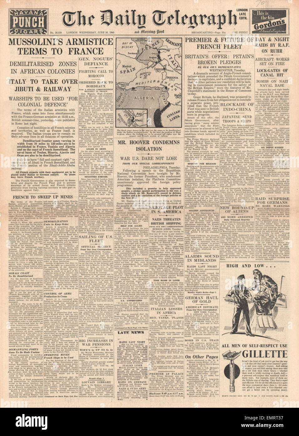 1940 front page Daily Telegraph Mussolini's Armistice terms to France ...