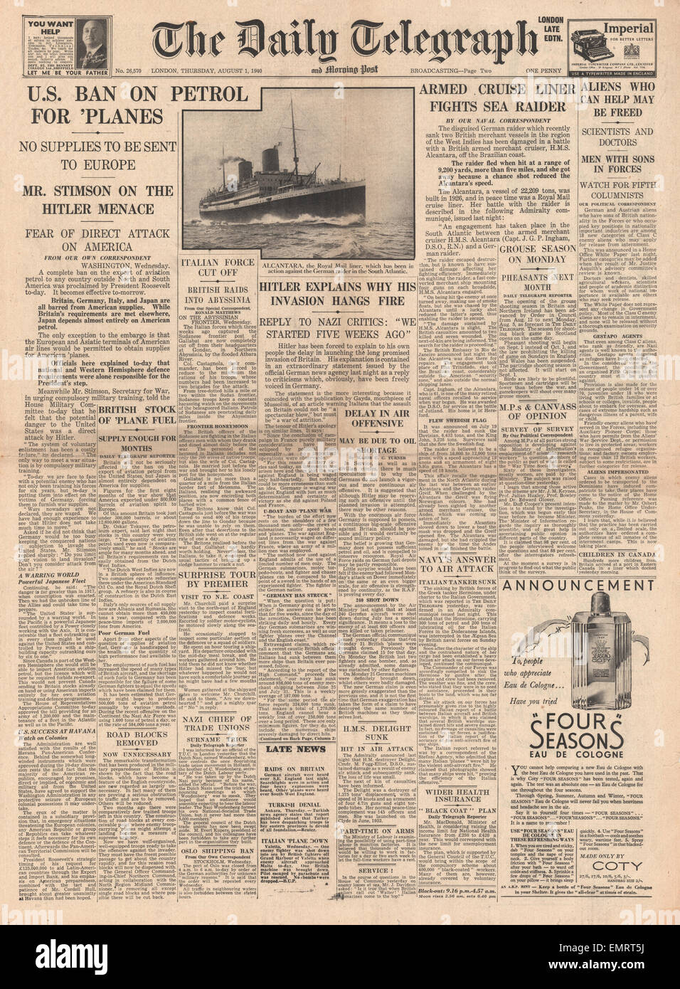 1940 front page Daily Telegraph Merchant Cruiser Alcantara Chases German Sea Raider. Hitler may attack US by air U.S. bans Stock Photo