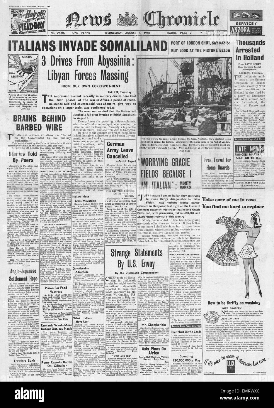 1940 front page News Chronicle Italian forces Invade Egypt Somaliland Stock  Photo - Alamy
