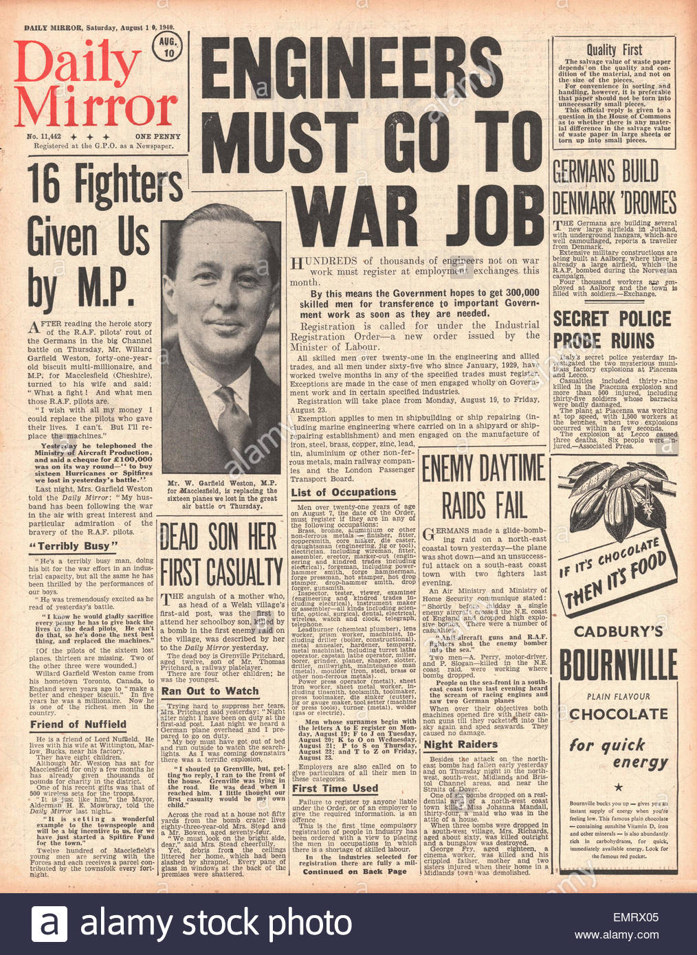 1940 World War Two World War 2 Newspaper Headline Stock Photos & 1940 ...