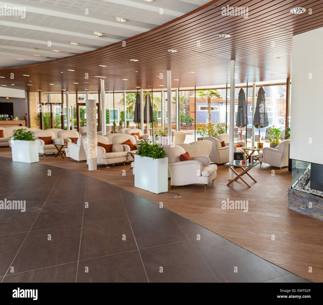 Empty modern scandinavian design hotel lobby at the reef hotel resort