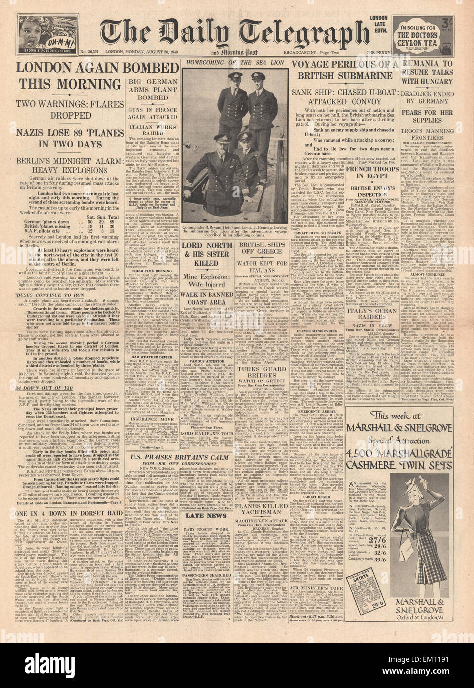 1940 daily telegraph front page hi-res stock photography and images - Alamy