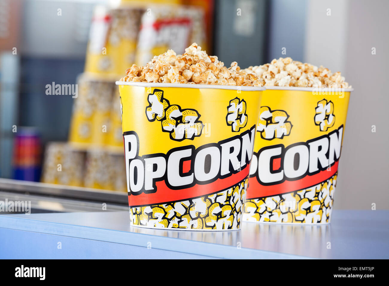 Popcorn Buckets At Concession Stand Stock Photo
