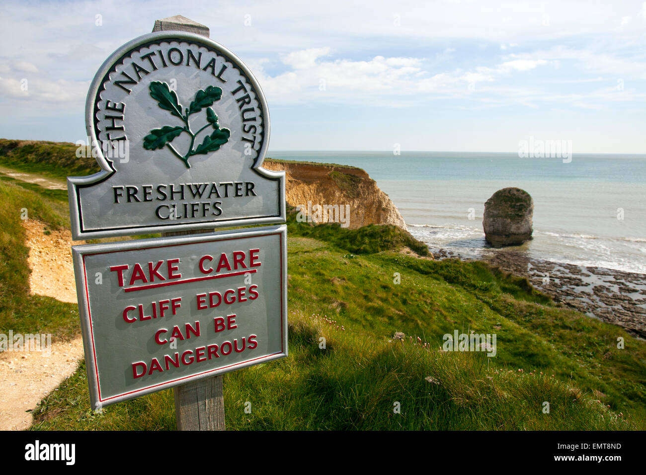 Nation Trust, sign, warning of cliff edges, Freshwater Bay, Isle of Wight, England, Uk, Stock Photo