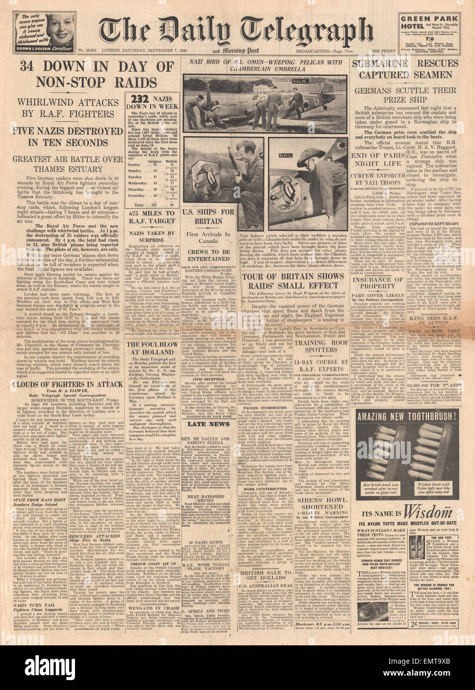 1940 front page Daily Telegraph RAF Luftwaffe Battle over South East England Submarine HMS Truant rescues Merchant Stock Photo