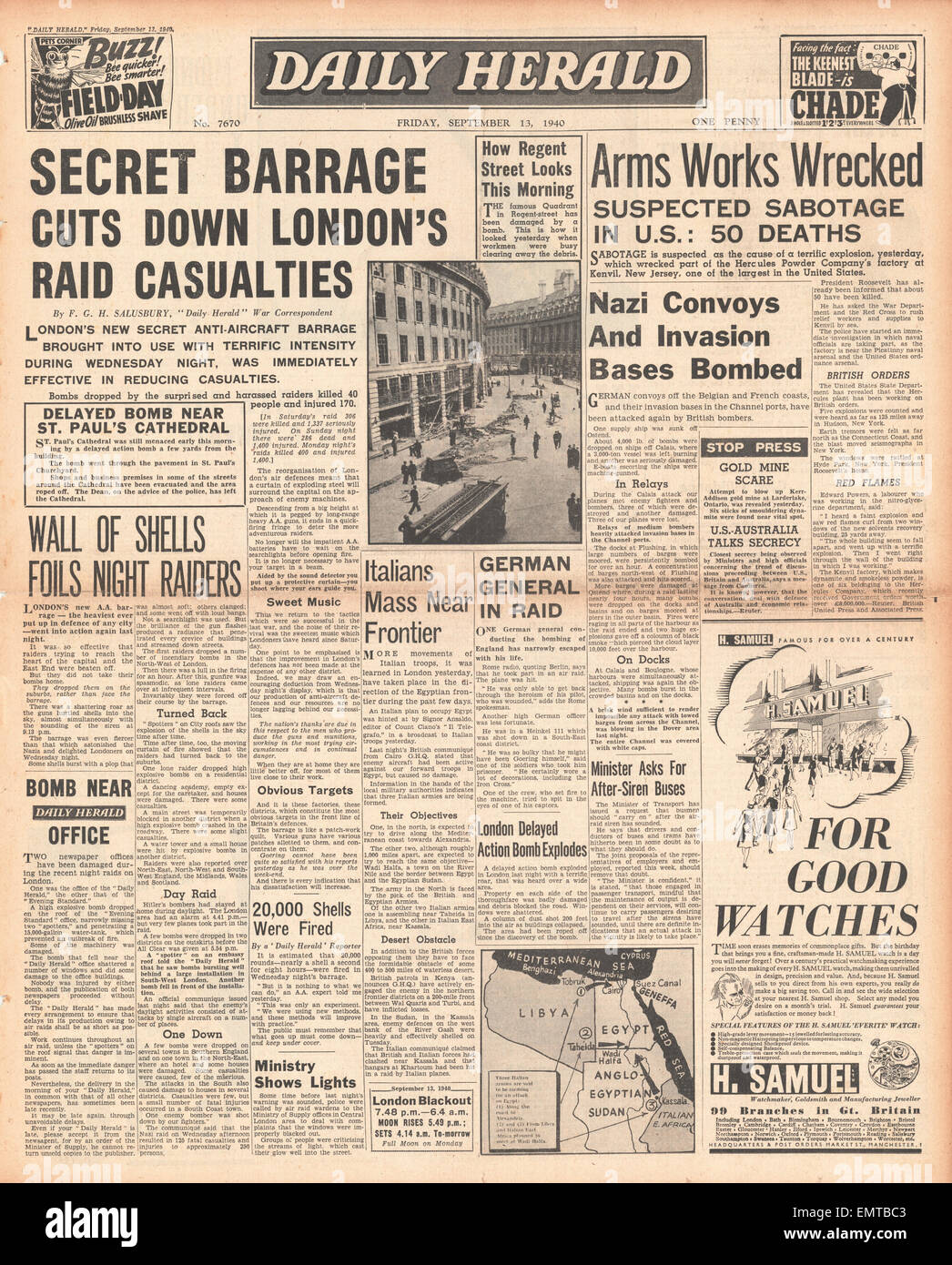 1940 front page Daily Herald Massive Luftwaffe bombing raid on London Stock Photo