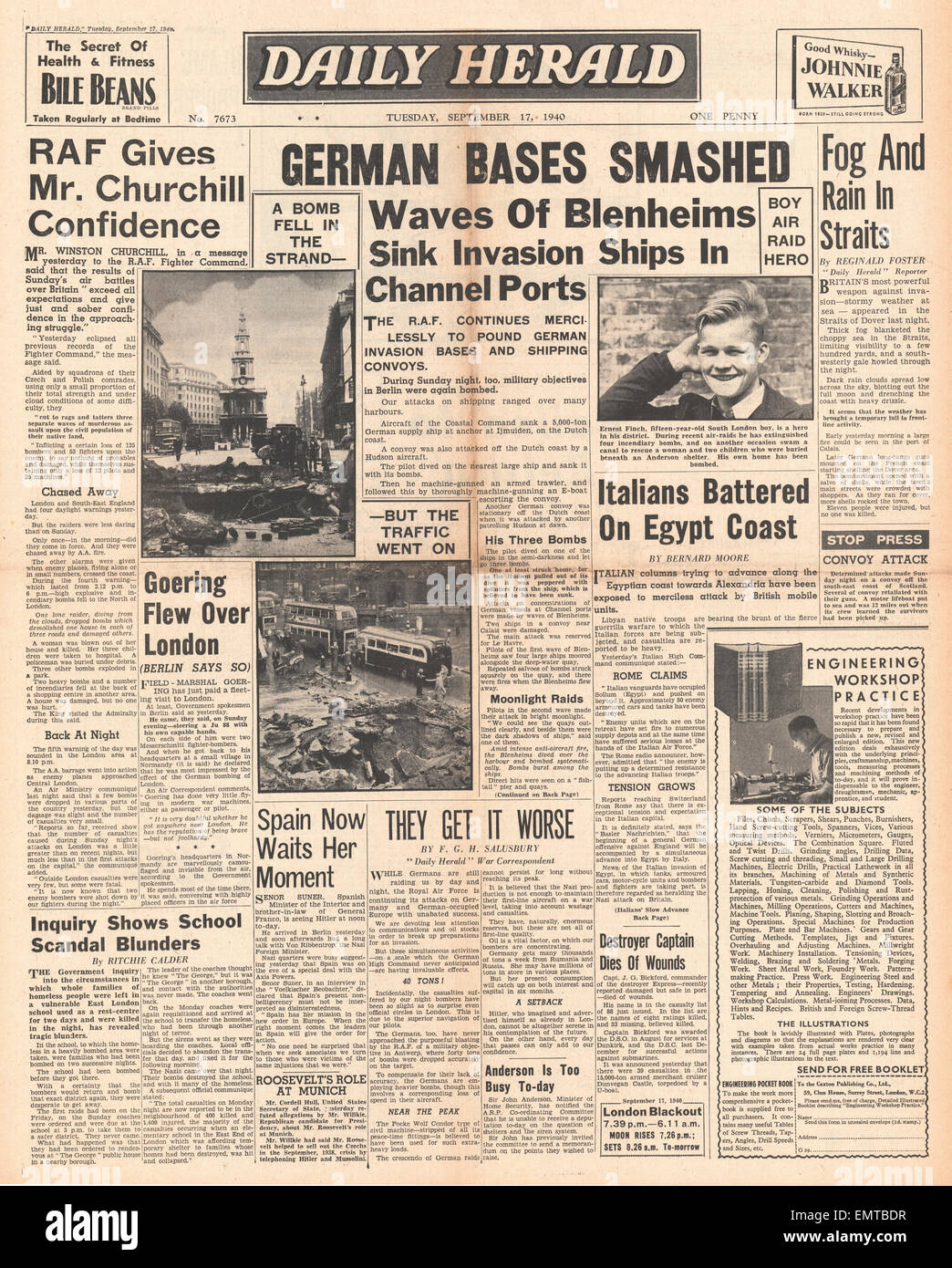 1940 front page Daily Herald RAF bomb Channel ports Stock Photo