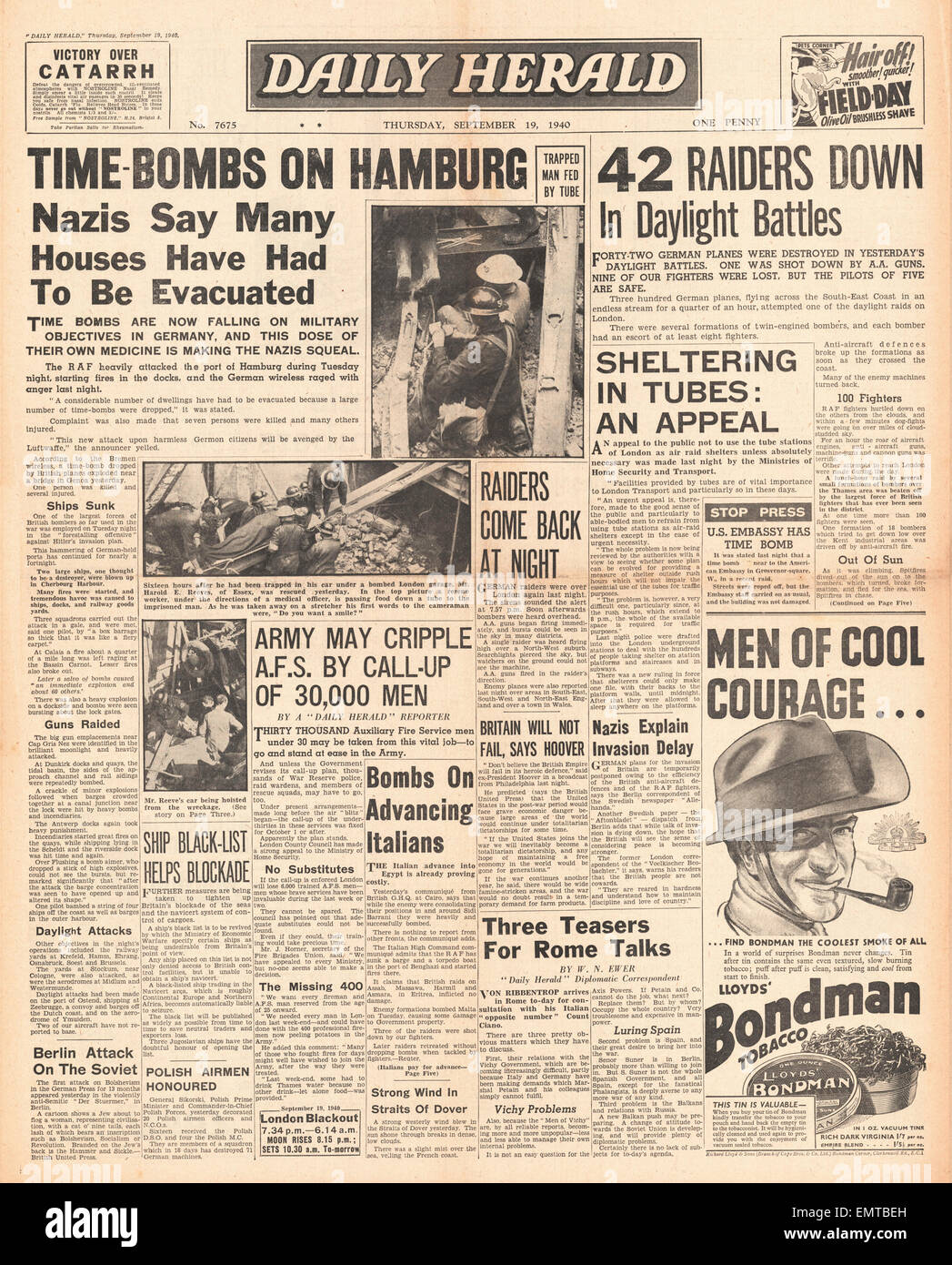 1940 front page Daily Herald RAF Bomb Hamburg Air Battles over South ...