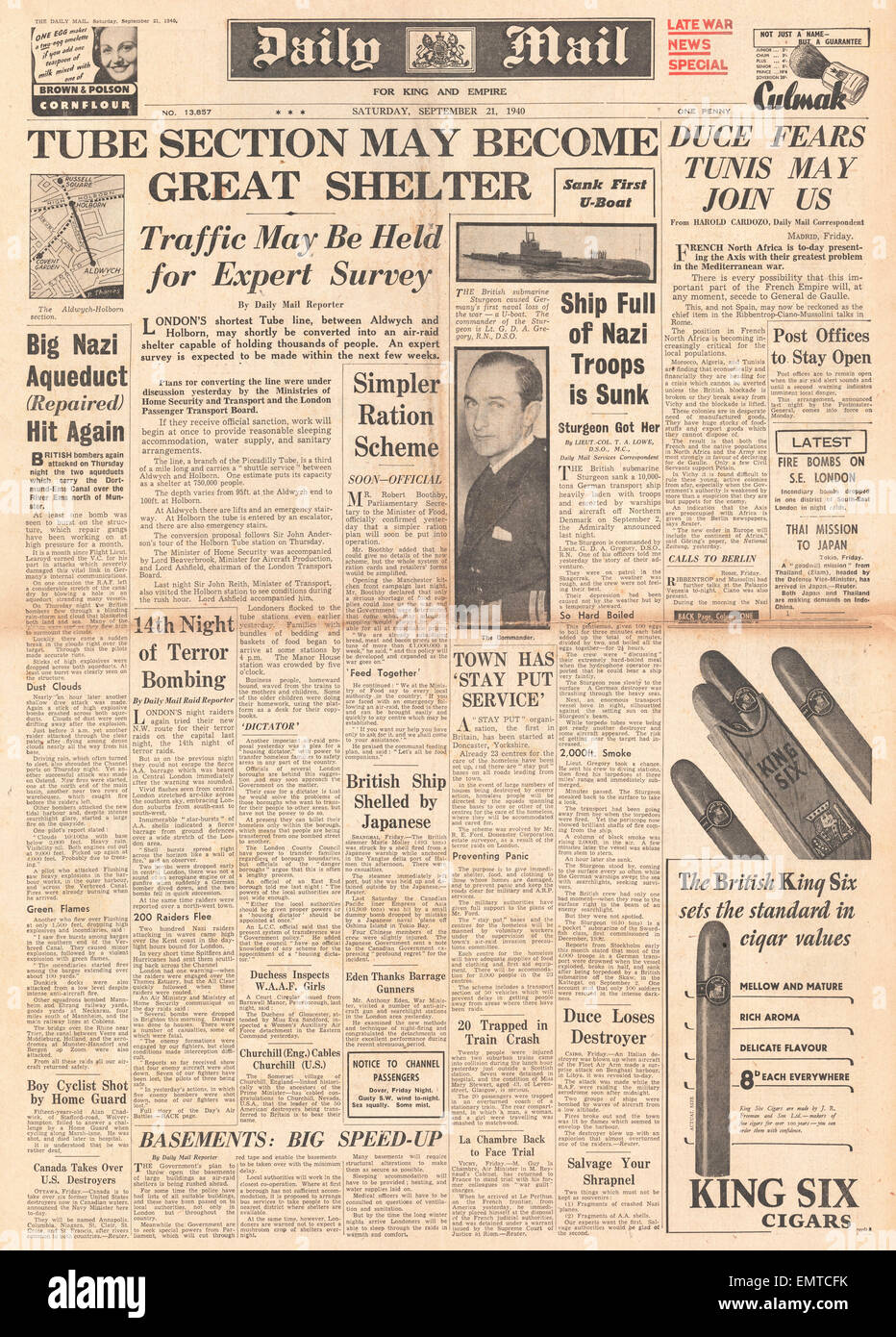 1940 front page Daily Mail Aldwych to Holborn Tube tunnel to be Air Raid Shelter Submarine HMS Sturgeon sinks German Troop Stock Photo