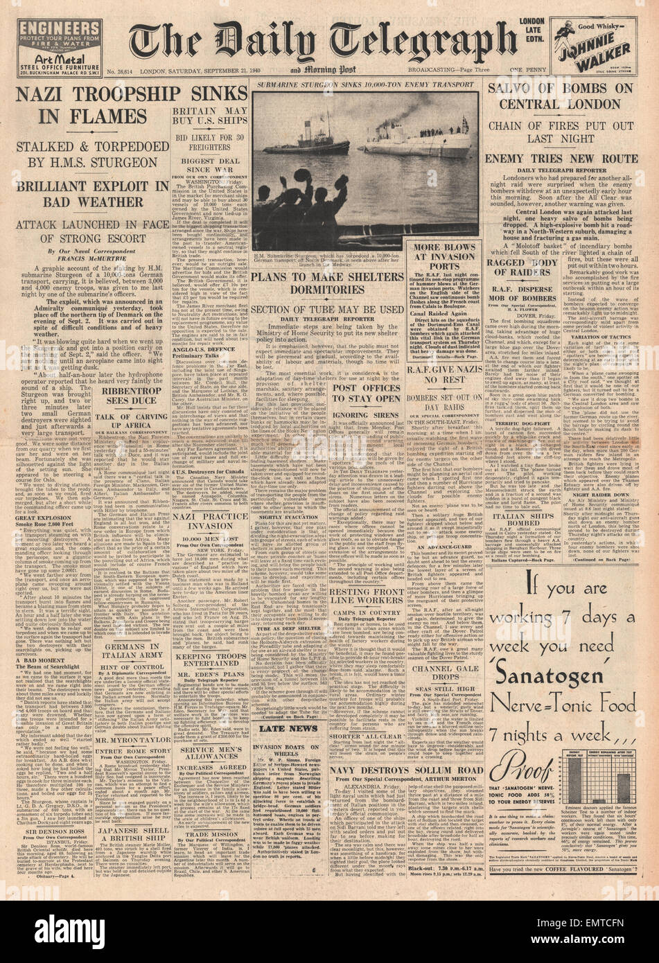 1940 front page  Daily Telegraph Aldwych to Holborn Tube tunnel to be Air Raid Shelter Submarine HMS Sturgeon sinks German Stock Photo