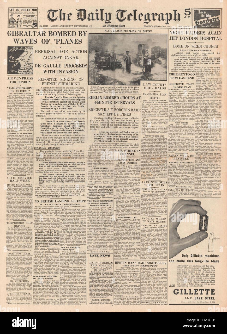 1940 front page Daily Telegraph Bombing raids on Gibraltar Stock Photo ...