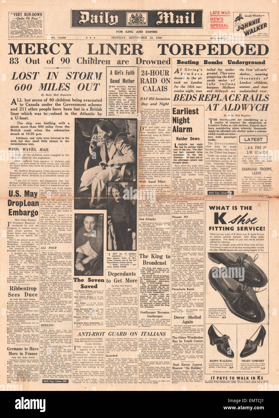 1940 front page Daily Mail Evacuee Liner City of Benares torpedoed sunk by U-Boat U48 Stock Photo