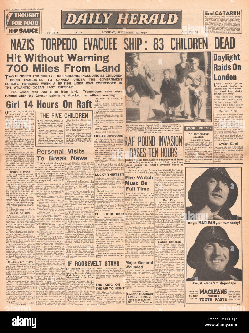 1940 front page Daily Herald Evacuee Liner City of Benares torpedoed sunk by U-Boat U48 Stock Photo