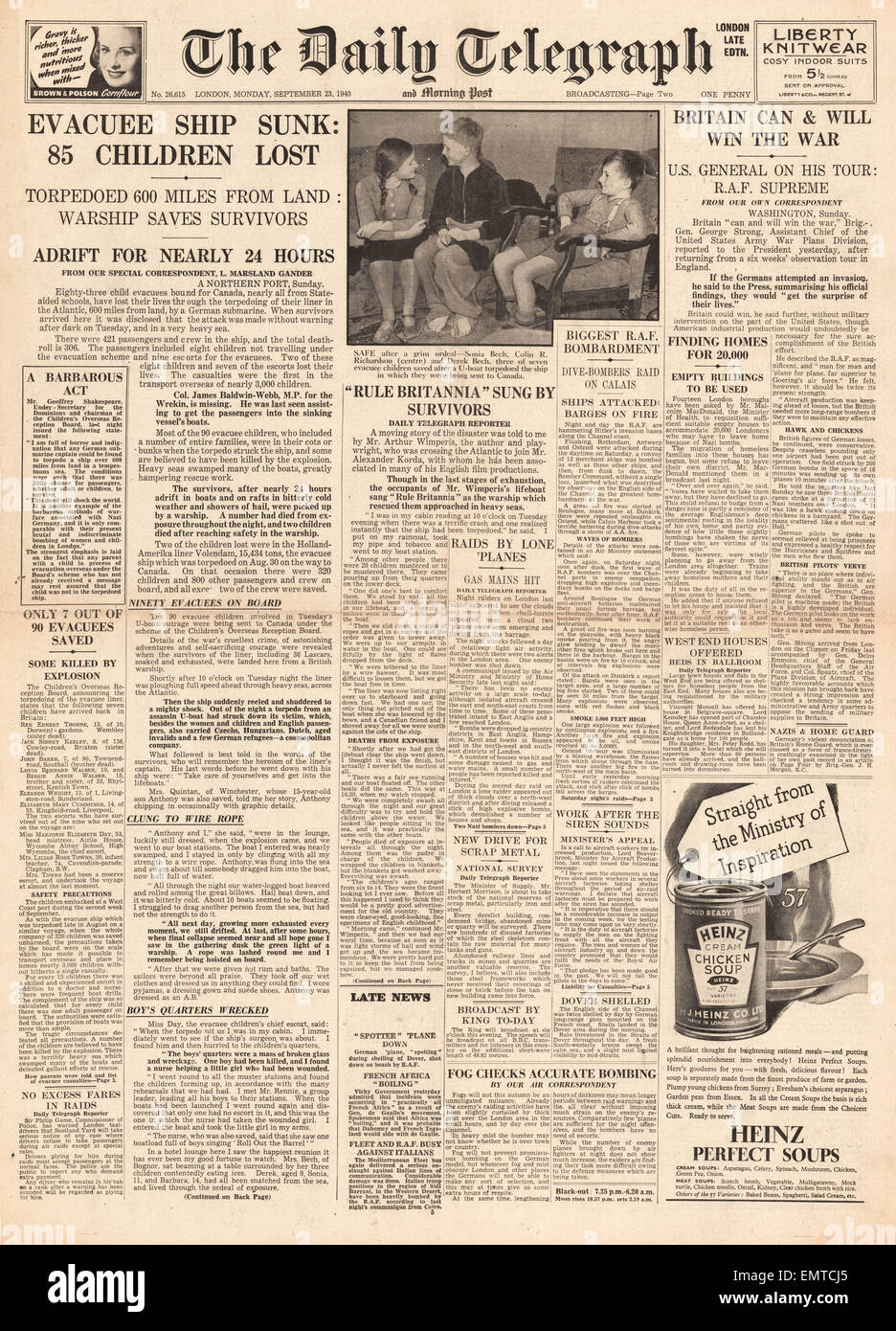 1940 front page Daily Telegraph Evacuee Liner City of Benares torpedoed sunk by U-Boat U48 Stock Photo